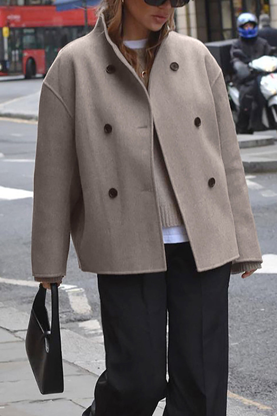 Heidi-Mode Women's Short Wool Jacket with Stand-Up Collar - Elegant Beige Design 4