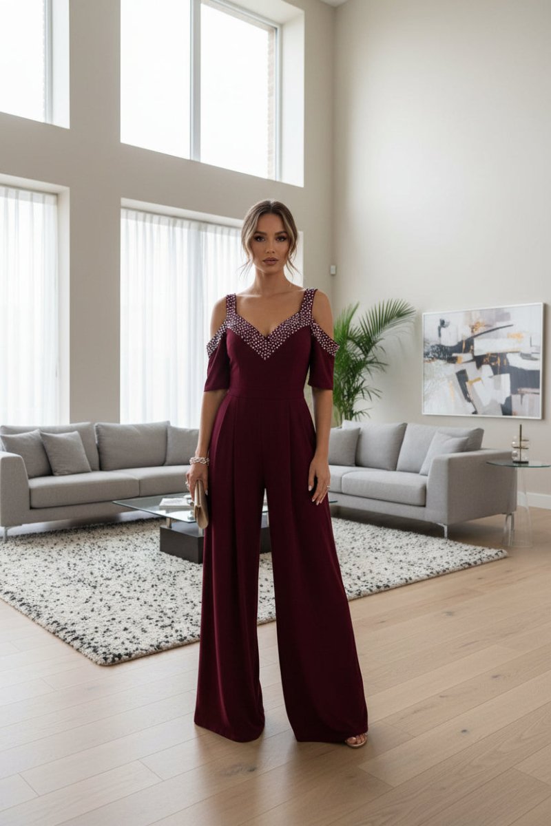 LAVÉNÉ – Modern High-Waist Jumpsuit with Rhinestone Detail, Comfortable Cotton