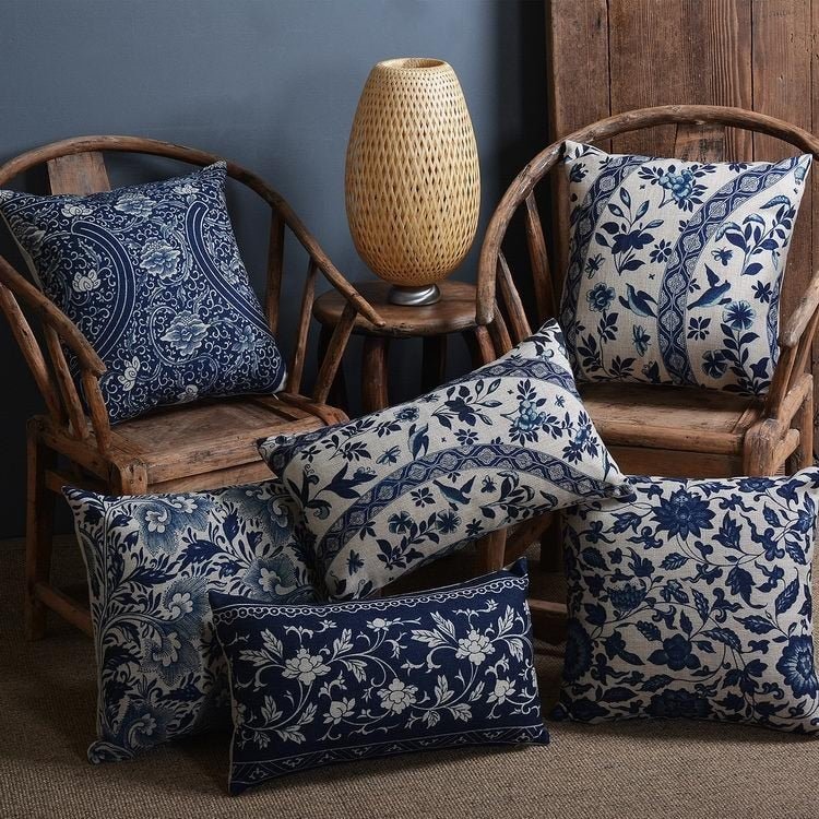 Imperial Blue - Traditional Chinese Porcelain Pattern Cushion Cover, Linen-Cotton Blend, 45x45cm & 30x50cm Options 1