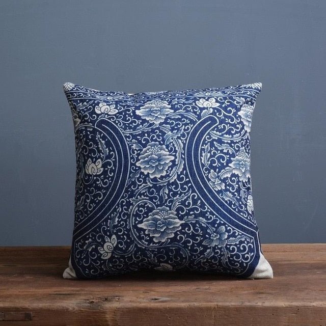 Imperial Blue - Traditional Chinese Porcelain Pattern Cushion Cover, Linen-Cotton Blend, 45x45cm & 30x50cm Options 3