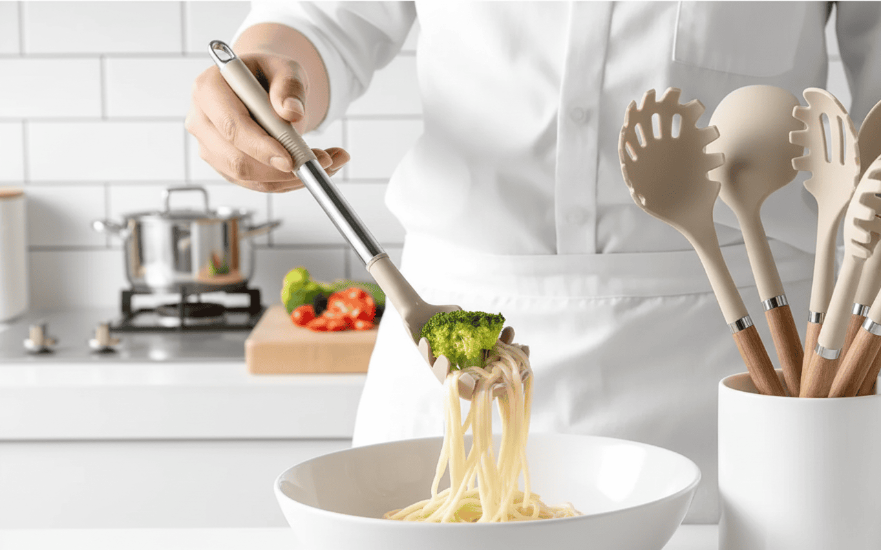 KITCHENORA – Complete Utensil Set with Silicone Heads & Wood-Style Handles 3