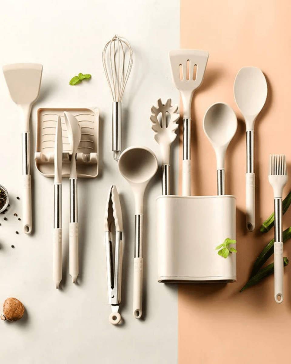 KITCHENORA – Complete Utensil Set with Silicone Heads & Wood-Style Handles 7