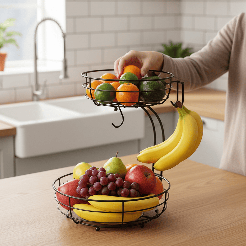 Kitchenova Fruit Haven | 2-Tier Metal Fruit Basket with Banana Holder | Modern Kitchen Organizer | Durable Counter Storage 3