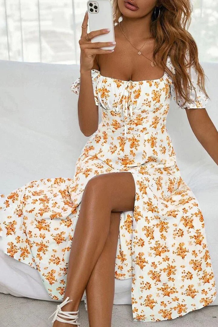 SUNFLEUR – Floral Print Midi Dress for Women with Elegant Puffed Sleeves