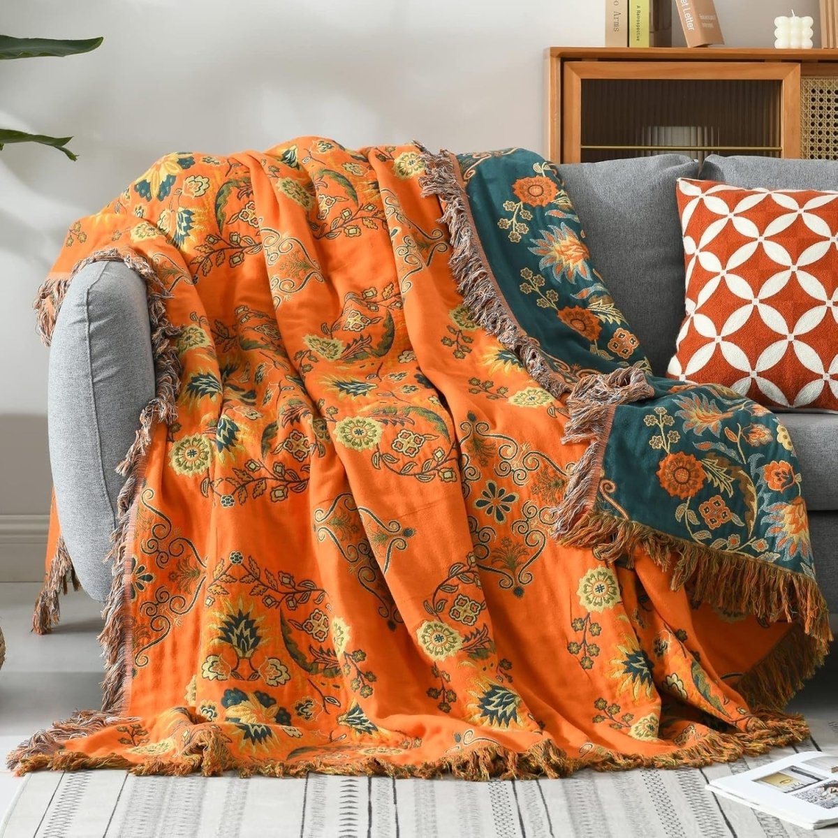 Marigold - Reversible Throw Blanket, Soft Cotton Floral Design, Multi-Use 1