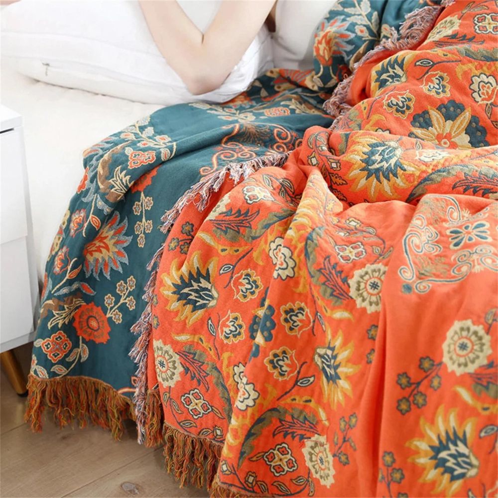 Marigold - Reversible Throw Blanket, Soft Cotton Floral Design, Multi-Use 2