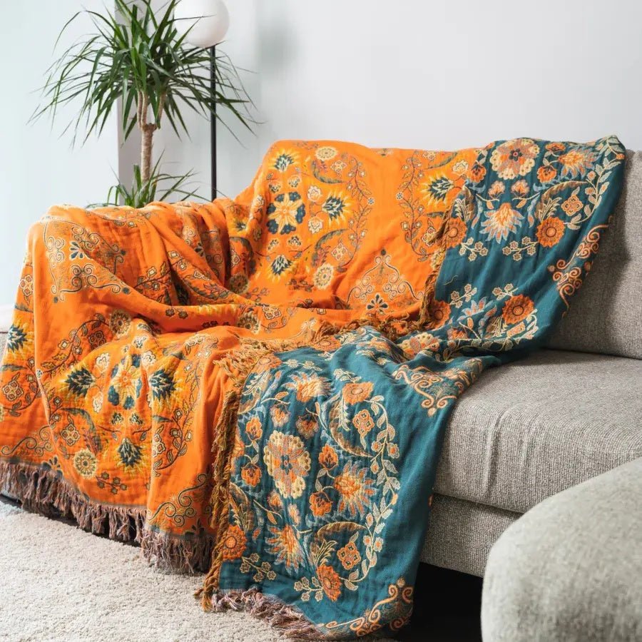 Marigold - Reversible Throw Blanket, Soft Cotton Floral Design, Multi-Use 3
