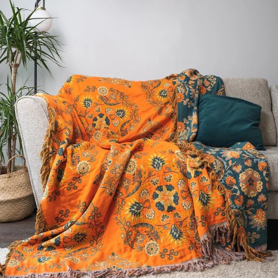 Marigold - Reversible Throw Blanket, Soft Cotton Floral Design, Multi-Use 5