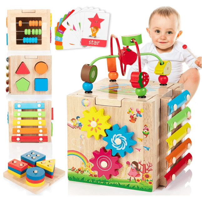 MINDBLOX – Montessori Wooden 8-in-1 Learning Cube for Toddlers with Learning Games
