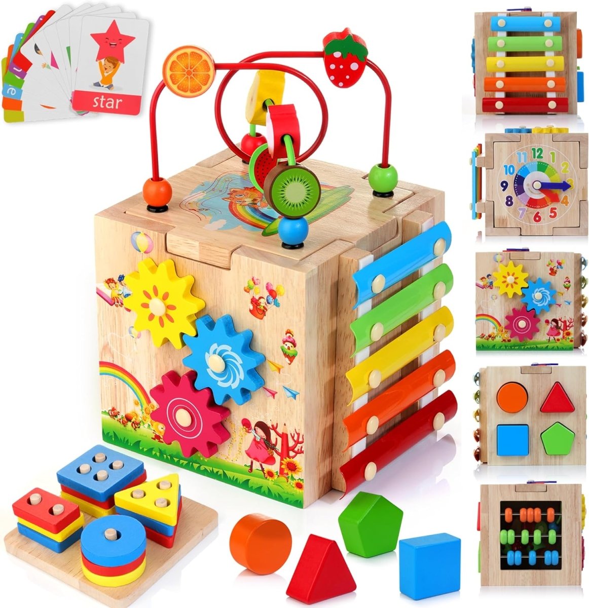 MINDBLOX – Montessori Wooden 8-in-1 Learning Cube for Toddlers with Learning Games