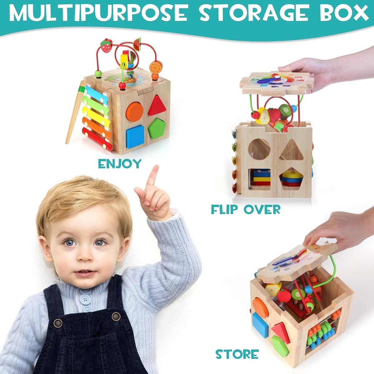 MINDBLOX – Montessori Wooden 8-in-1 Learning Cube for Toddlers with Learning Games