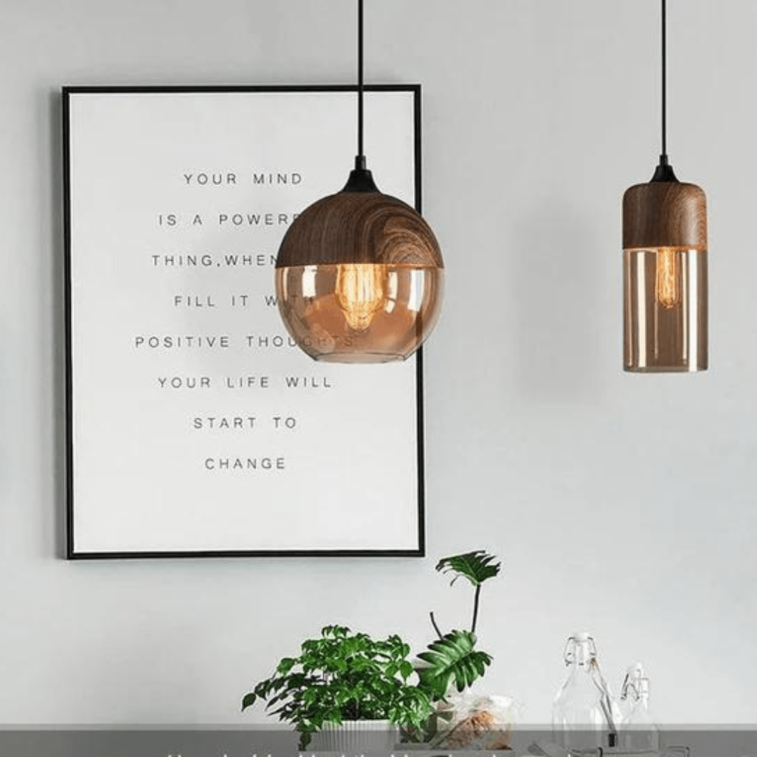 NordLuna - Adjustable Height Wooden Ceiling Lamp with Tinted Glass Light Fixture 7