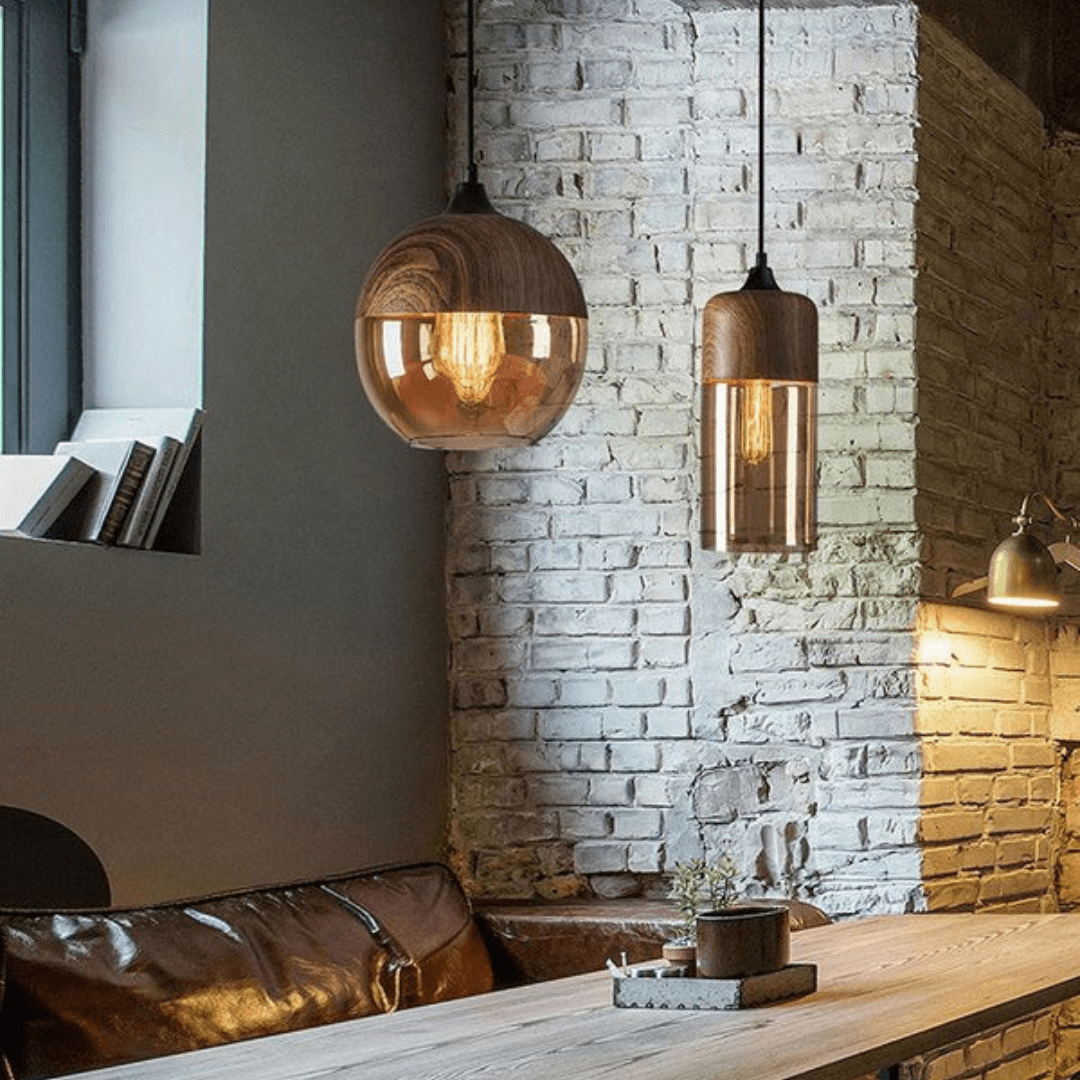NordLuna - Adjustable Height Wooden Ceiling Lamp with Tinted Glass Light Fixture 8
