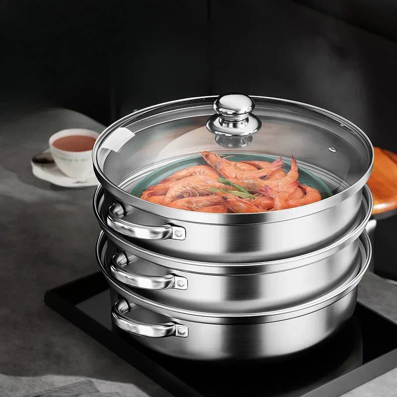 STEAMPRO – 3-Tier Stainless Steel Steamer with Clear Glass Lid 0