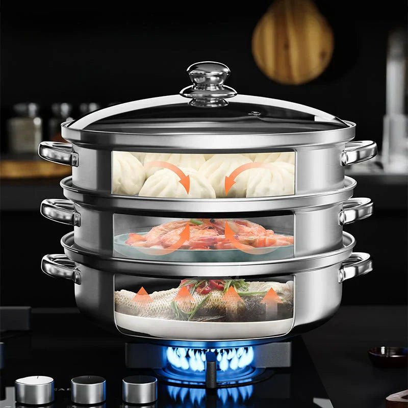 STEAMPRO – 3-Tier Stainless Steel Steamer with Clear Glass Lid 4