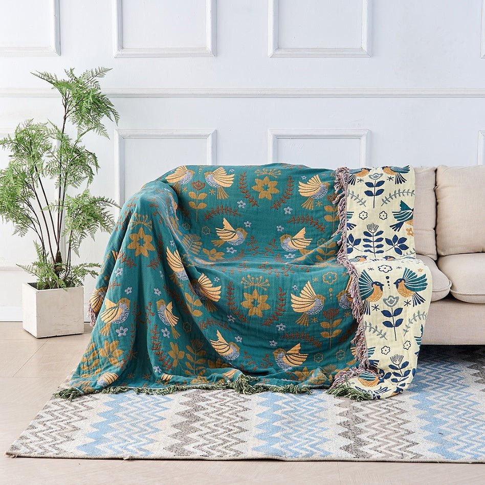 Scandinavian Reversible Throw Blanket - 100% Cotton with Bird Design 0