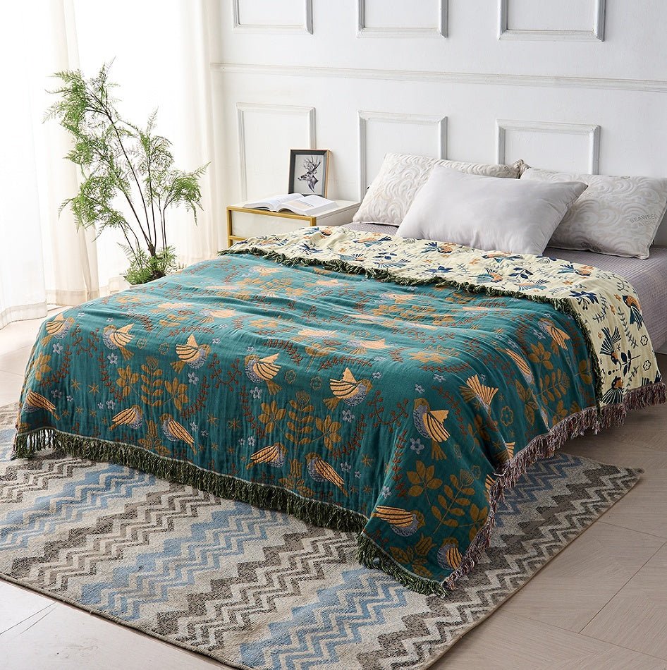Scandinavian Reversible Throw Blanket - 100% Cotton with Bird Design 1