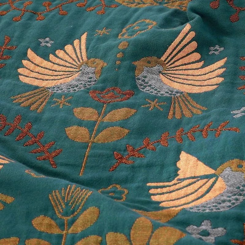 Scandinavian Reversible Throw Blanket - 100% Cotton with Bird Design 2