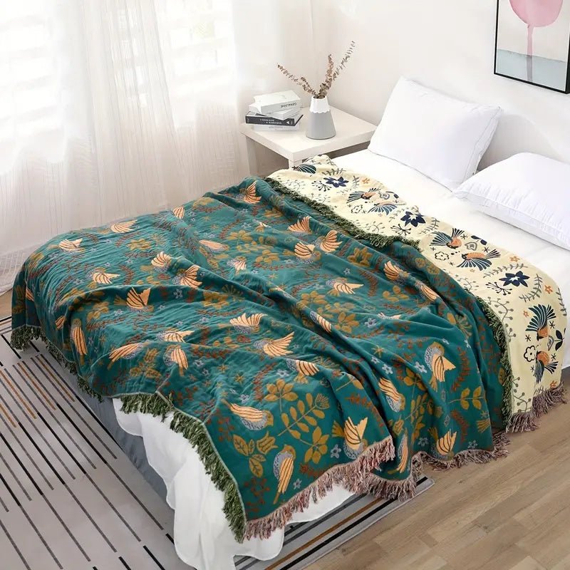 Scandinavian Reversible Throw Blanket - 100% Cotton with Bird Design 3