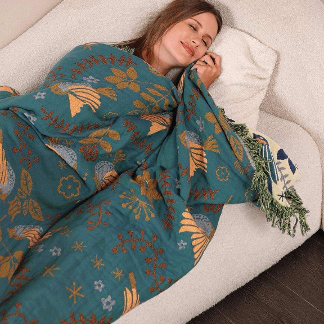 Scandinavian Reversible Throw Blanket - 100% Cotton with Bird Design 4