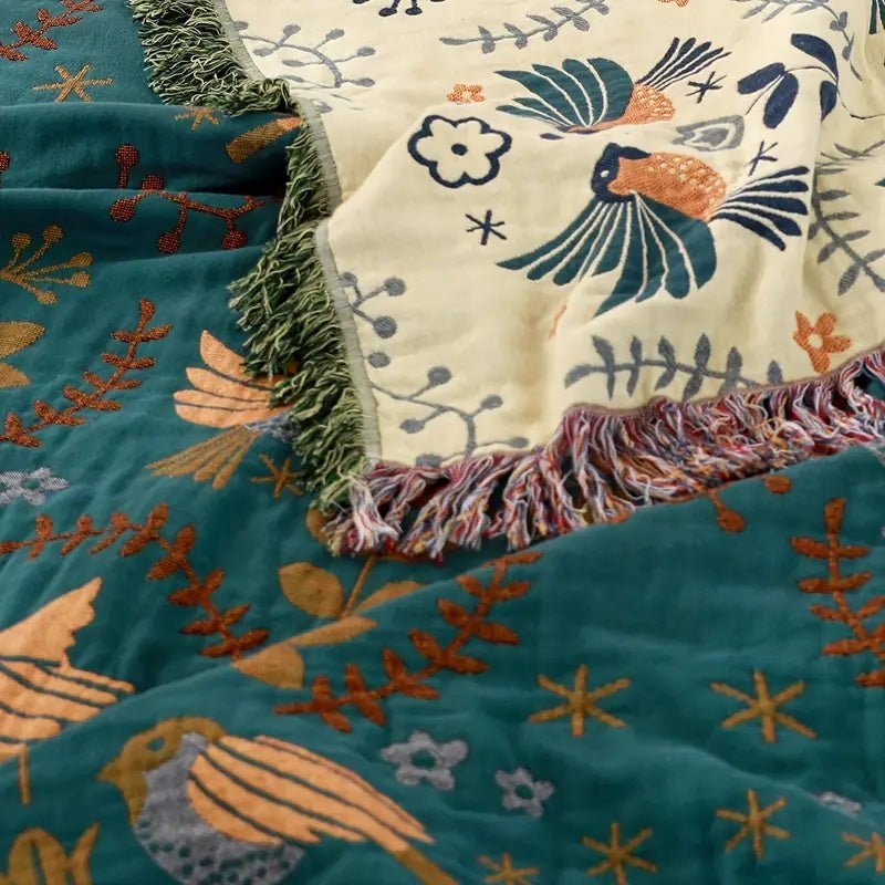 Scandinavian Reversible Throw Blanket - 100% Cotton with Bird Design 5