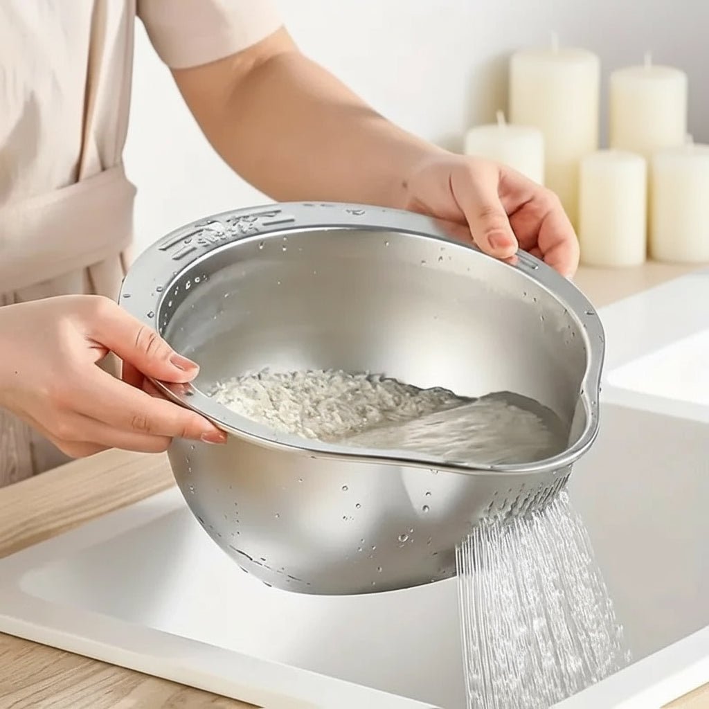 Stainless Steel Rice Washer & Strainer Bowl - Durable, Multi-Functional Kitchen Tool 0
