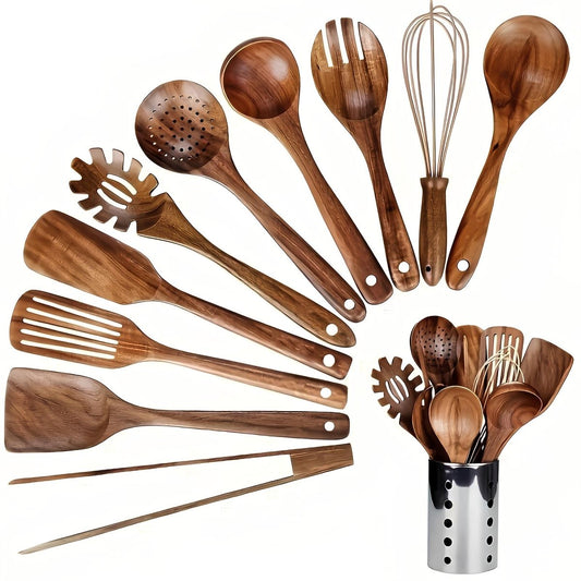 TeakStyle Kitchen Utensil Set | 11-Piece Natural Teak Wood | Non-Scratch Cooking Tools | Eco-Friendly Kitchen Accessories 0