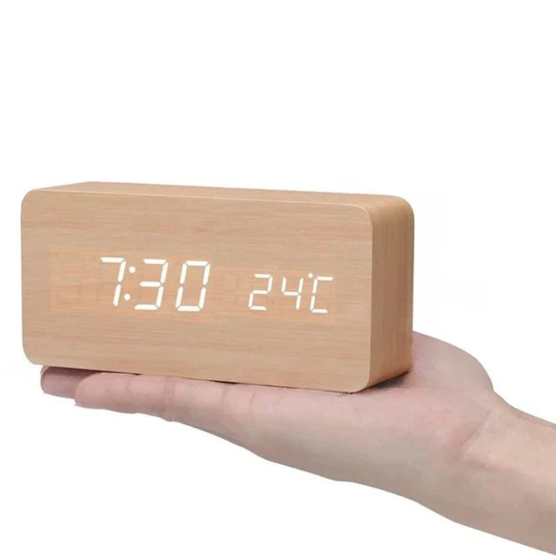WOODLUME - Minimalistische houten LED-klok met stem- en klapbediening
