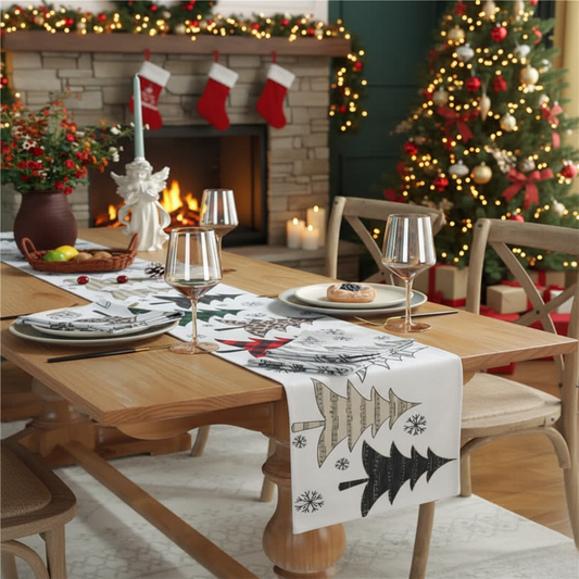 WINTERGRACE – Elegant Table Runner with Christmas Tree & Snowflake Motifs