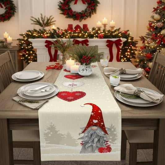 WinterBliss Festive Christmas Table Runner with Snowflake Gnomes - Durable Linen Decor 0