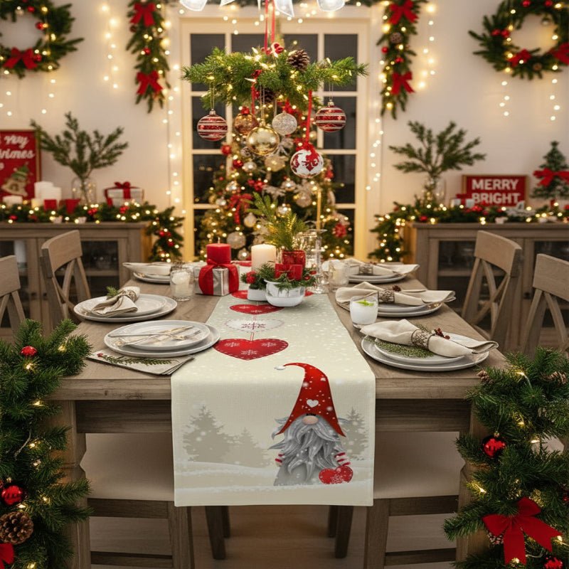 WinterBliss Festive Christmas Table Runner with Snowflake Gnomes - Durable Linen Decor 2