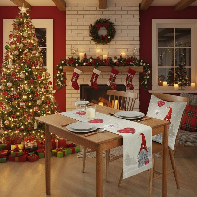 WinterBliss Festive Christmas Table Runner with Snowflake Gnomes - Durable Linen Decor 3