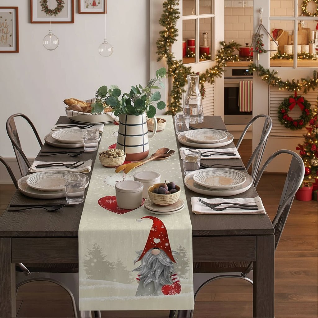 WinterBliss Festive Christmas Table Runner with Snowflake Gnomes - Durable Linen Decor 4