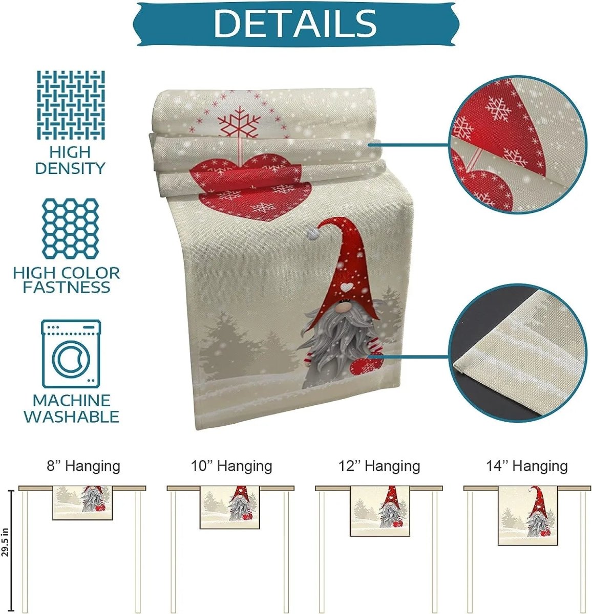 WinterBliss Festive Christmas Table Runner with Snowflake Gnomes - Durable Linen Decor 6