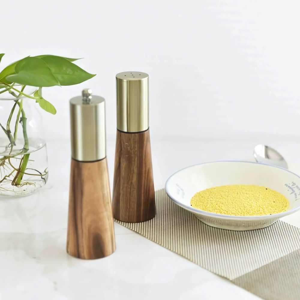 Wooden Salt Shaker & Pepper Mill Set - Adjustable Grind with Gold Stainless Steel Top 1