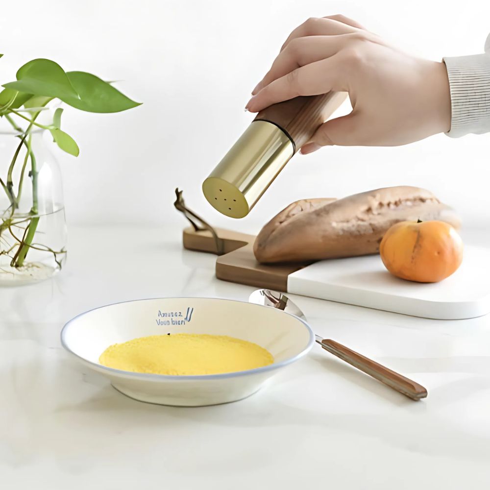 Wooden Salt Shaker & Pepper Mill Set - Adjustable Grind with Gold Stainless Steel Top 2