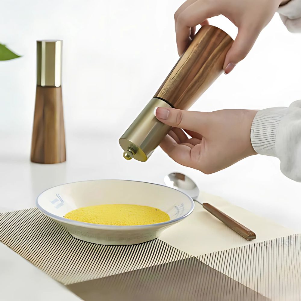 Wooden Salt Shaker & Pepper Mill Set - Adjustable Grind with Gold Stainless Steel Top 3
