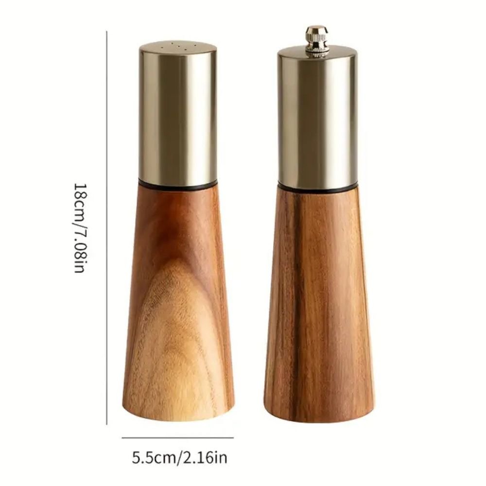 Wooden Salt Shaker & Pepper Mill Set - Adjustable Grind with Gold Stainless Steel Top 4