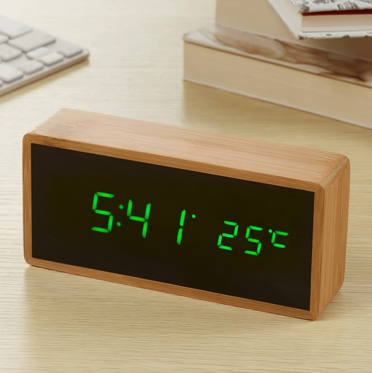 ZENORIS – LED bamboo alarm clock with temperature display & USB/battery operation 5