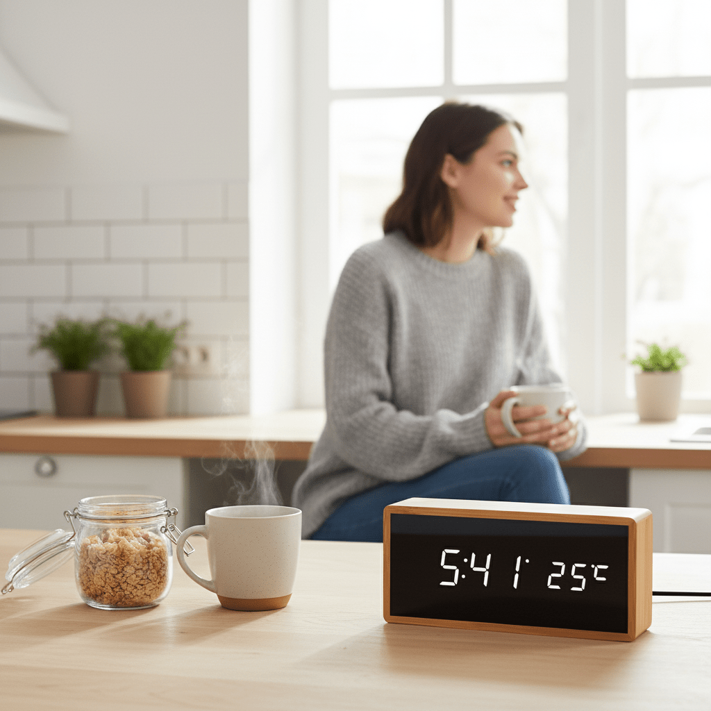 NATURTIME – Bamboo LED Alarm Clock with Time and Temperature Display