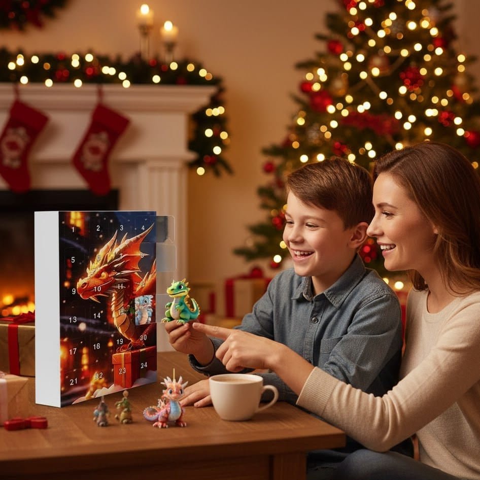 DRAGONTIME – 24pcs 2D Christmas Dragon Advent Calendar with Acrylic Ornaments