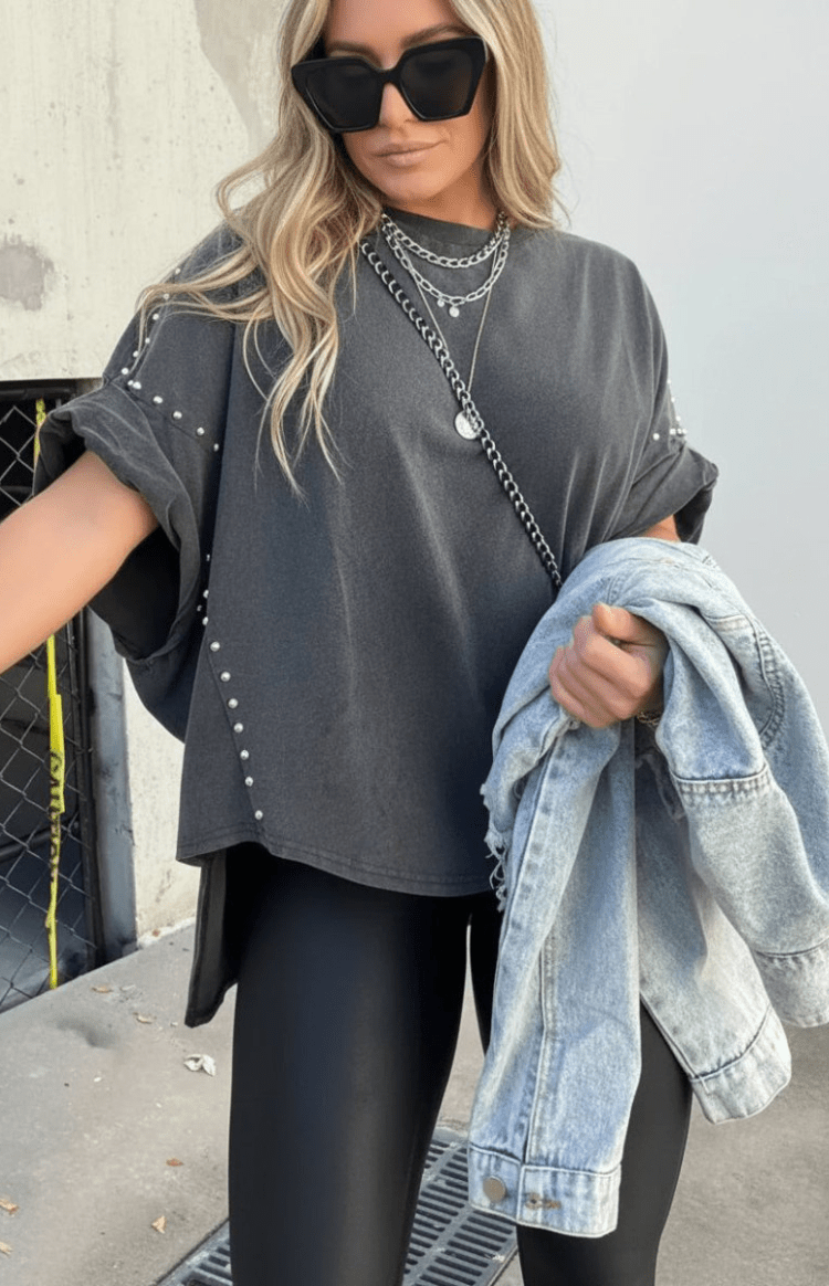 LUNA-STREET – Oversized Studded T-Shirt in Soft Fabric for Bold Style