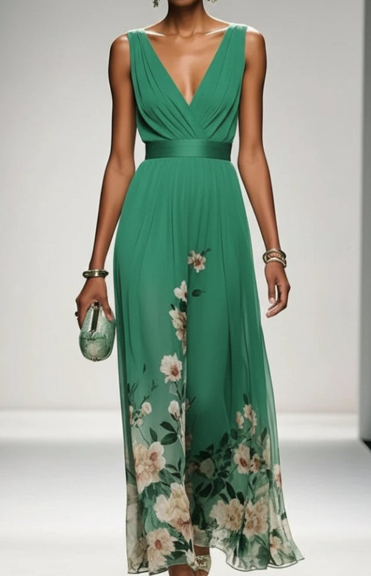 ELORIA – Elegant Floral Chiffon Maxi Dress for Women, Soft Flowing Fit