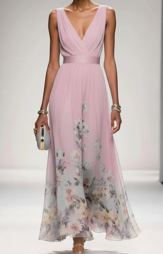 ELORIA – Elegant Floral Chiffon Maxi Dress for Women, Soft Flowing Fit