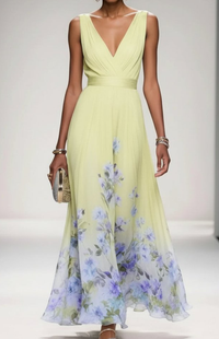 ELORIA – Elegant Floral Chiffon Maxi Dress for Women, Soft Flowing Fit