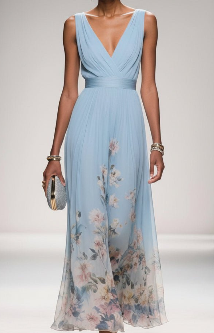 ELORIA – Elegant Floral Chiffon Maxi Dress for Women, Soft Flowing Fit