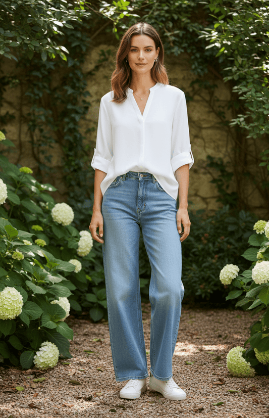 RAVINA – Soft Glitter Roll-Sleeve Blouse