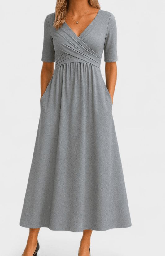 AVANÉ – Chic V-Neck Midi Dress for Elegant Occasions
