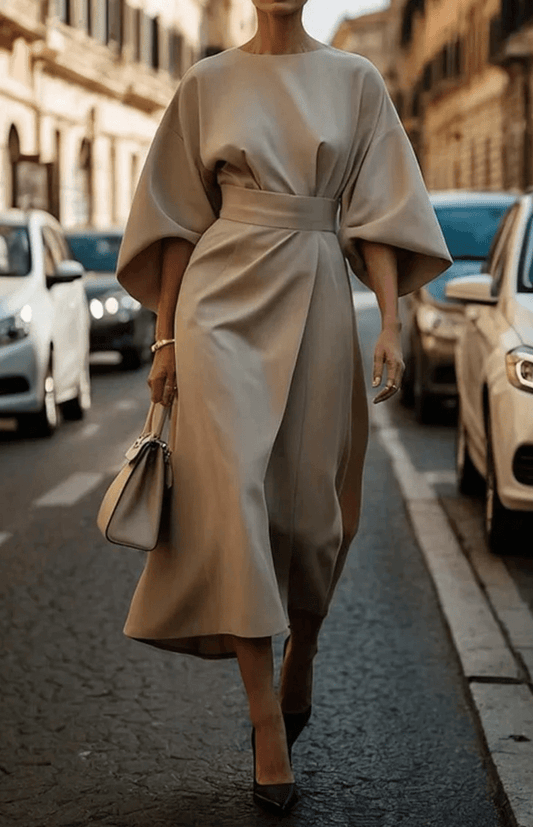 GLAMOURÉ – Elegant Lantern Sleeve Formal Dress with Waist-Cinching Belt Perfect for Weddings and Summer Events