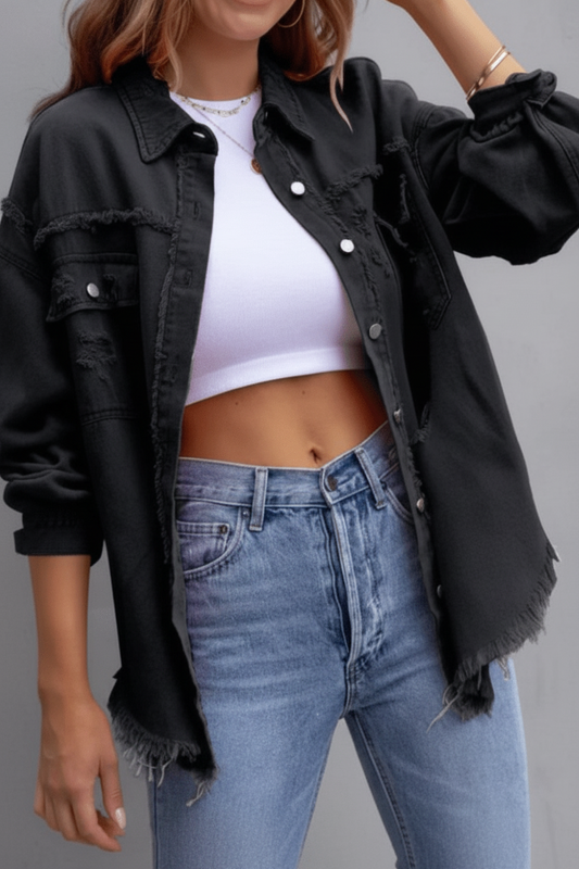 STREETFEM – Distressed Denim Button-Up Shirt for Women with Laid-Back Fit